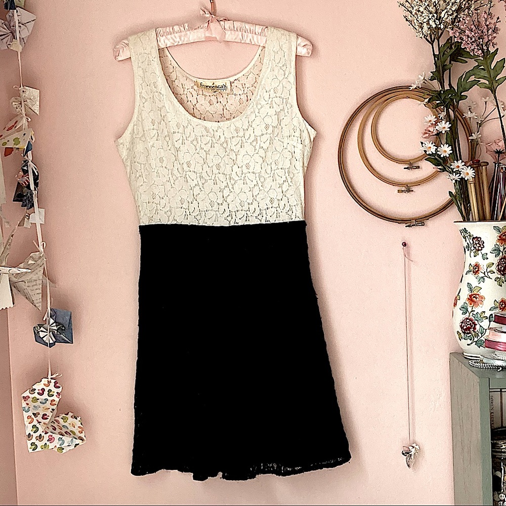 off-white and black lace cocktail dress